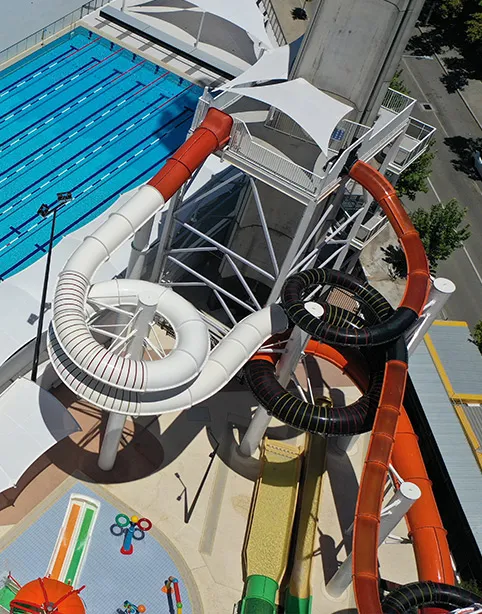 Aerial view of the slide tower beside the 50 metre pool