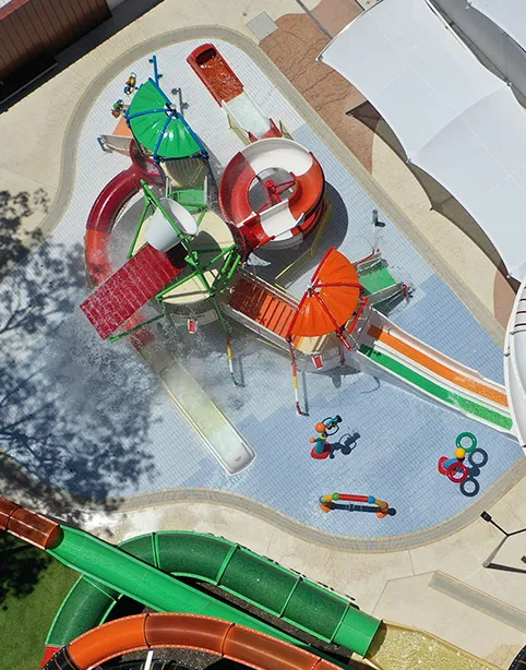 Aerial view of the splash park with slides and water features